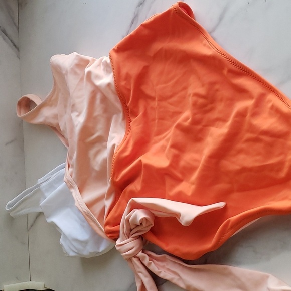 Felnart V Neck Orange Color Block Wrap Swimsuit with a Bowknot Size M - Picture 5 of 11
